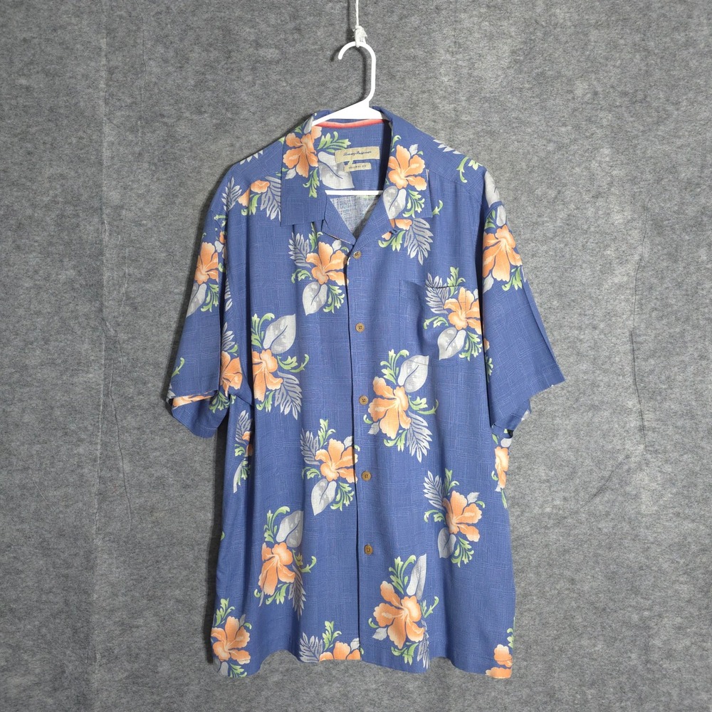 Tommy Bahama Island Zone Silk Shirt Mens XL Blue Floral Hibiscus Short Sleeve